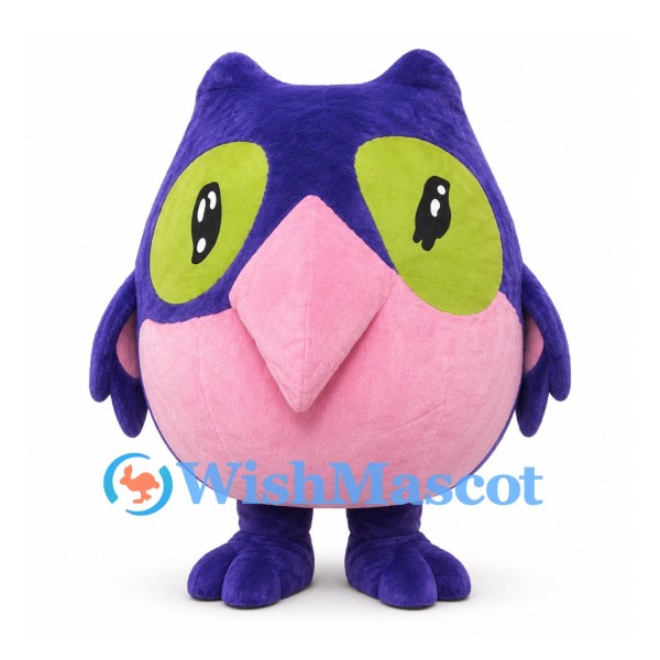 Owl Mascot Costume in Purple with Pink Belly and Green Eye Patches