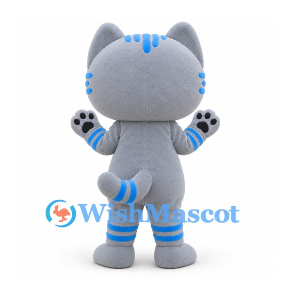 Cat Mascot Costume in Gray with Blue Stripes and White Belly