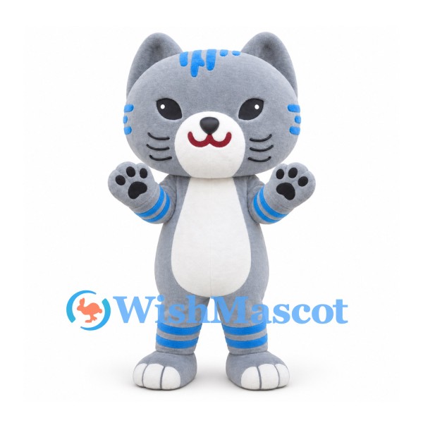 Cat Mascot Costume in Gray with Blue Stripes and White Belly