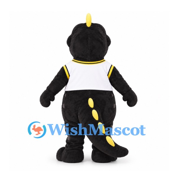 Dinosaur Mascot Costume in Black with Yellow Belly and White Shirt