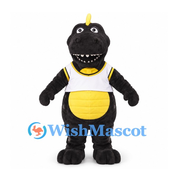 Dinosaur Mascot Costume in Black with Yellow Belly and White Shirt