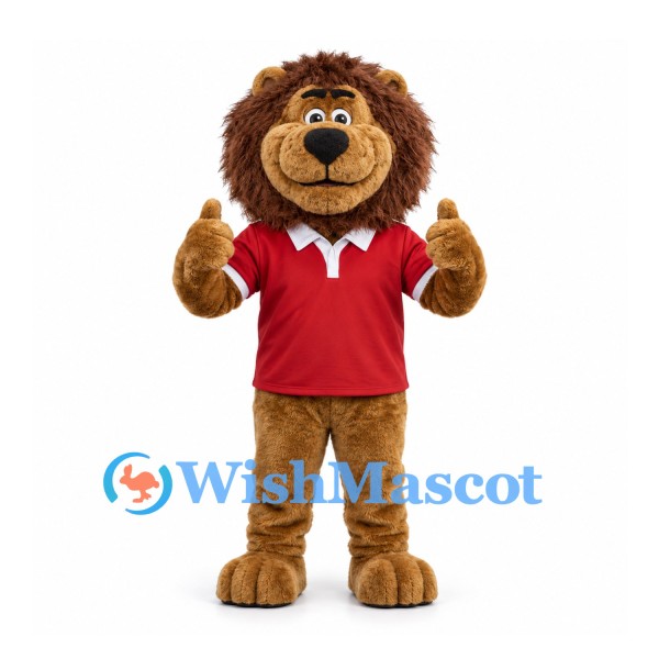 Lion Mascot Costume with Brown Mane and Red Polo Shirt