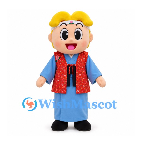 Boy Mascot Costume with Yellow Hair and Blue Robe with Red Vest
