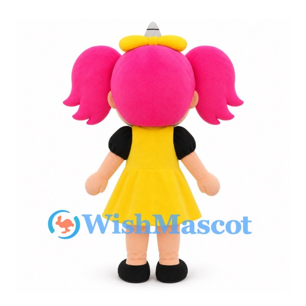 Girl Mascot Costume with Pink Pigtails and Yellow Dress