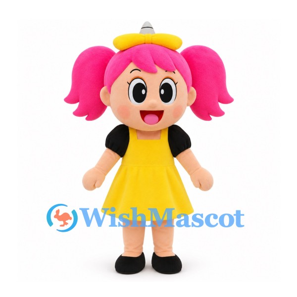 Girl Mascot Costume with Pink Pigtails and Yellow Dress