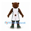 Bear Mascot Costume in Brown with White and Green Basketball Uniform
