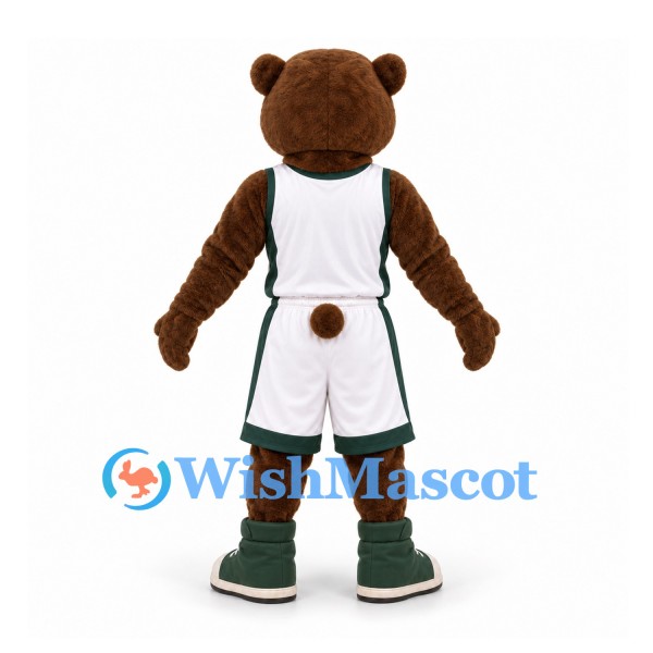 Bear Mascot Costume in Brown with White and Green Basketball Uniform