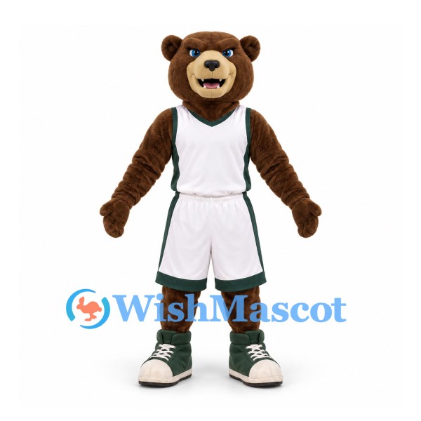 Bear Mascot Costume in Brown with White and Green Basketball Uniform