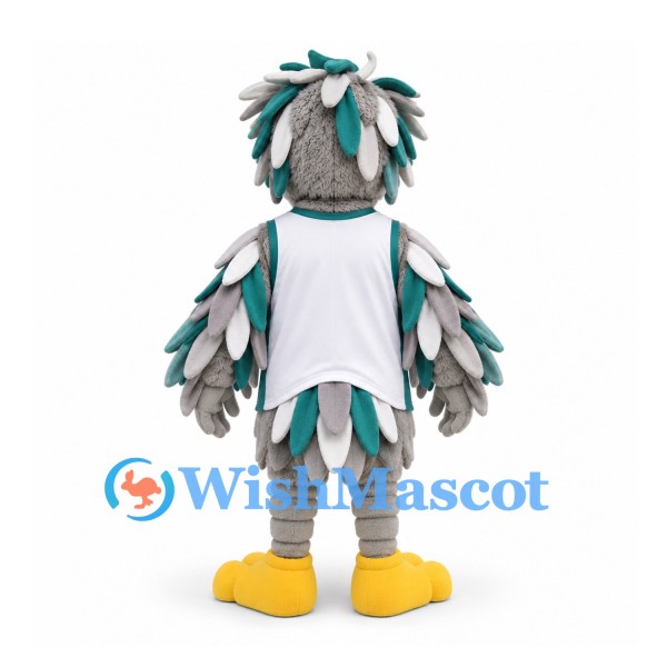 Bird Mascot Costume in Gray with Teal Feather Accents and White Shirt