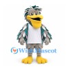 Bird Mascot Costume in Gray with Teal Feather Accents and White Shirt