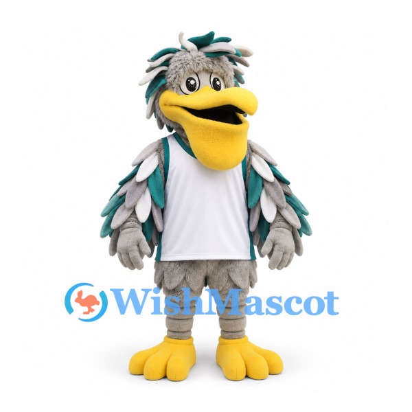 Bird Mascot Costume in Gray with Teal Feather Accents and White Shirt