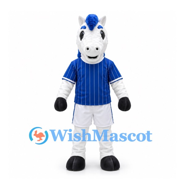 Horse Mascot Costume in White with Blue Mane and Baseball Uniform