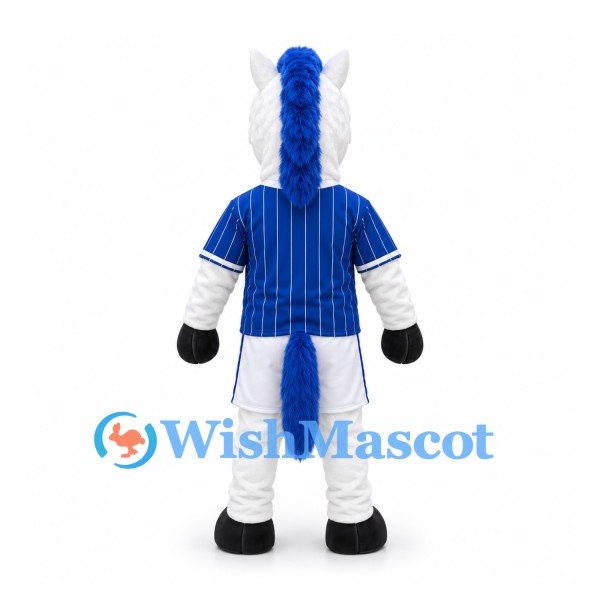 Horse Mascot Costume in White with Blue Mane and Baseball Uniform