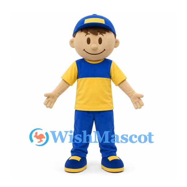 Boy Mascot Costume with Blue Cap and Yellow and Blue Outfit