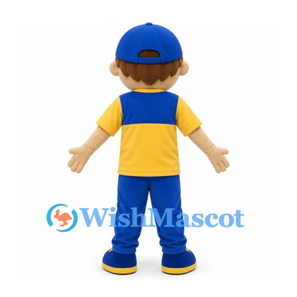 Boy Mascot Costume with Blue Cap and Yellow and Blue Outfit