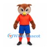Owl Mascot Costume in Brown with Orange Shirt and Blue Shorts