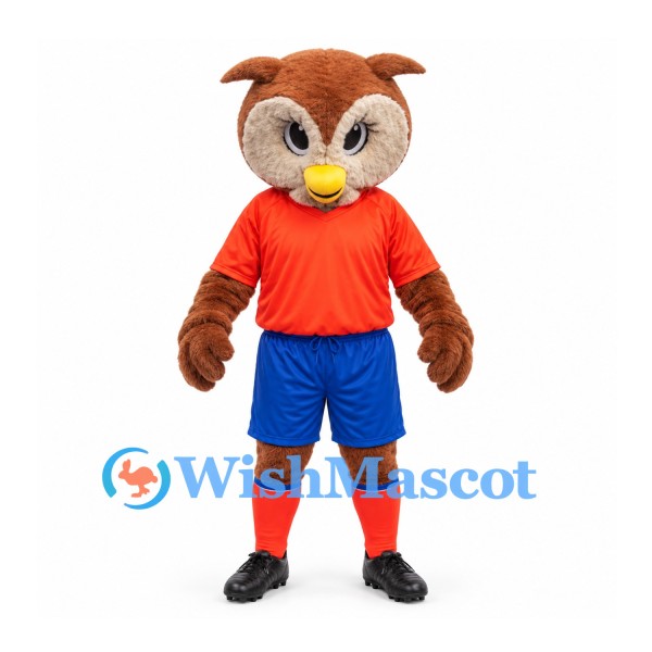 Owl Mascot Costume in Brown with Orange Shirt and Blue Shorts