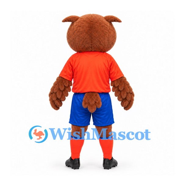 Owl Mascot Costume in Brown with Orange Shirt and Blue Shorts