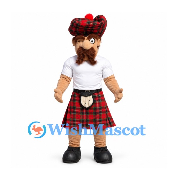 Highlander Mascot Costume with Red Tartan Kilt and Matching Hat