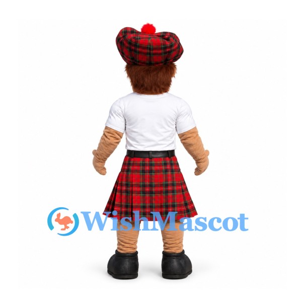 Highlander Mascot Costume with Red Tartan Kilt and Matching Hat