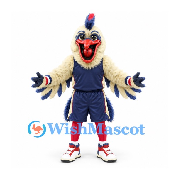 Rooster Mascot Costume in Cream with Navy Basketball Uniform