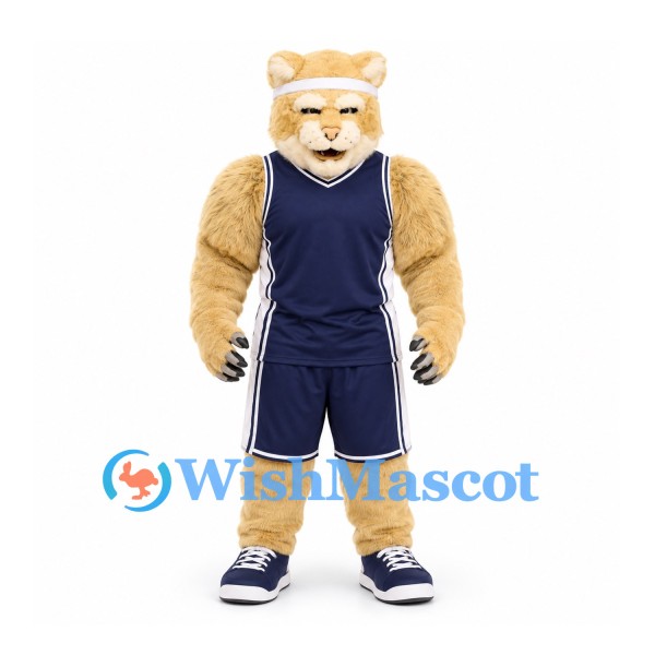 Lioness Mascot Costume in Tan with Navy Basketball Uniform and Headband