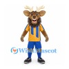 Deer Mascot Costume with Blue and Gold Striped Sports Uniform