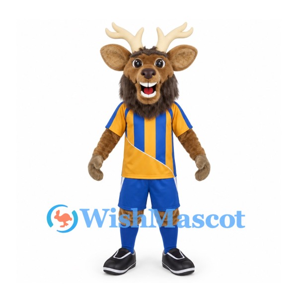 Deer Mascot Costume with Blue and Gold Striped Sports Uniform