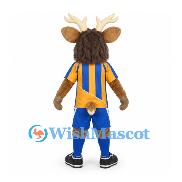 Deer Mascot Costume with Blue and Gold Striped Sports Uniform