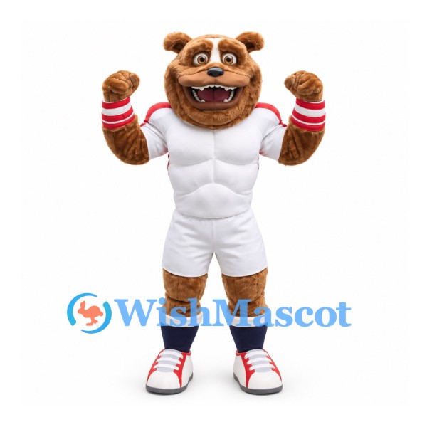 Bear Mascot Costume in Brown with Muscular White Sports Uniform
