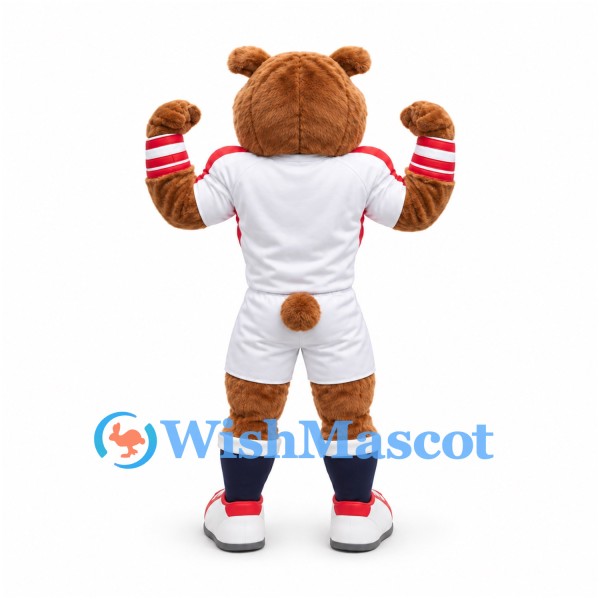 Bear Mascot Costume in Brown with Muscular White Sports Uniform