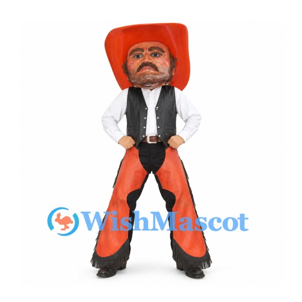 Cowboy Mascot Costume with Orange Hat and Fringed Chaps