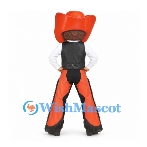 Cowboy Mascot Costume with Orange Hat and Fringed Chaps