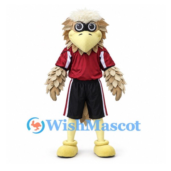 Owl Mascot Costume with Layered Beige Feathers and Red Sports Shirt