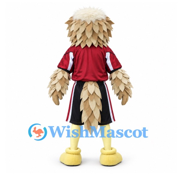 Owl Mascot Costume with Layered Beige Feathers and Red Sports Shirt
