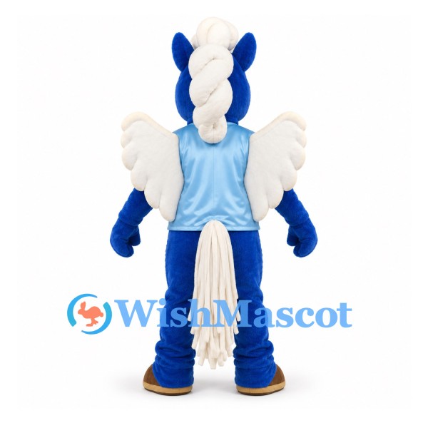 Pegasus Mascot Costume in Blue with White Wings and Light Blue Shirt