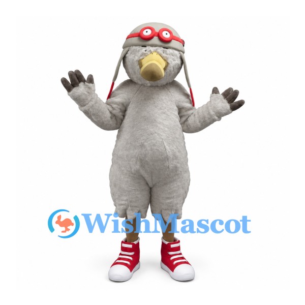 Gray Bird Mascot Costume with Red Aviator Goggles and Sneakers