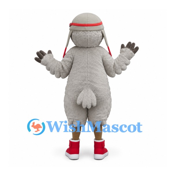 Gray Bird Mascot Costume with Red Aviator Goggles and Sneakers