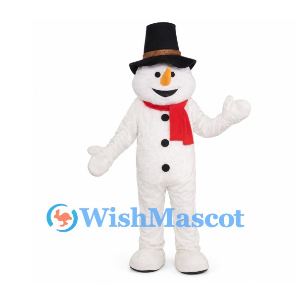 Snowman Mascot Costume with Black Top Hat and Red Scarf