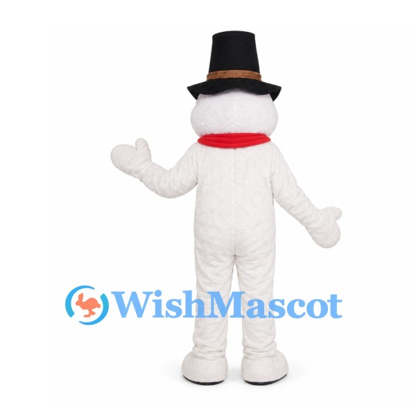 Snowman Mascot Costume with Black Top Hat and Red Scarf