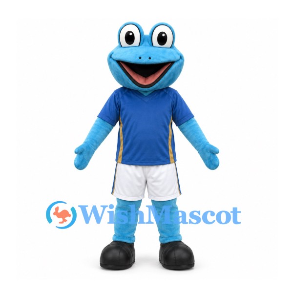 Frog Mascot Costume in Blue with Sports Shirt and White Shorts