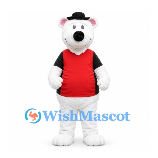 Polar Bear Mascot Costume with Black Bowler Hat and Red Shirt