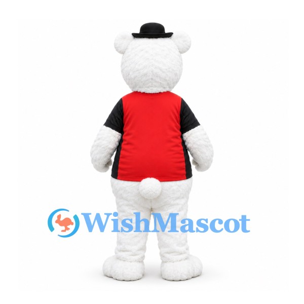 Polar Bear Mascot Costume with Black Bowler Hat and Red Shirt