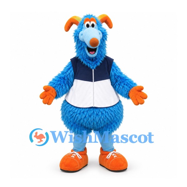 Monster Mascot Costume in Blue with Orange Horns and Navy Vest