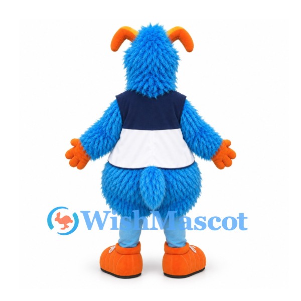 Monster Mascot Costume in Blue with Orange Horns and Navy Vest