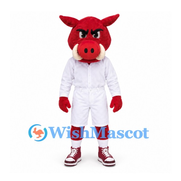 Boar Mascot Costume in Red with White Sports Uniform