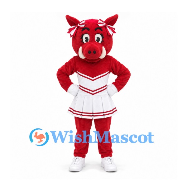 Boar Mascot Costume in Red with White Cheerleader Dress and Hair Bows