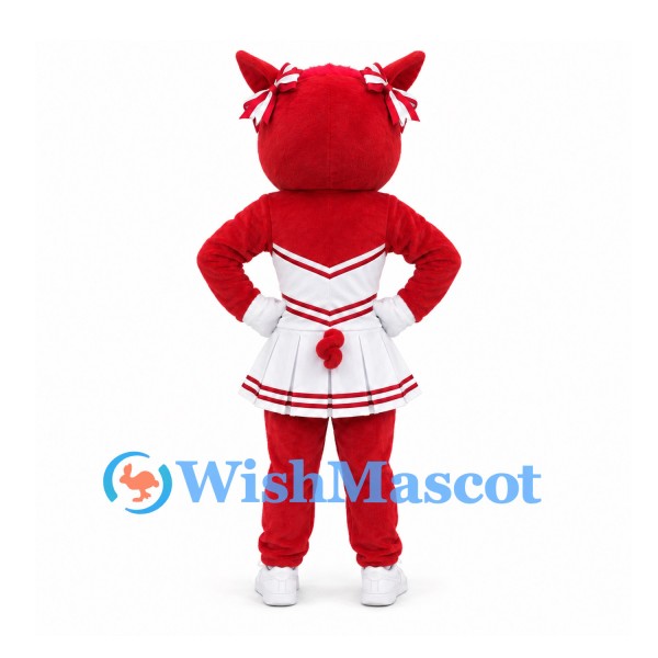 Boar Mascot Costume in Red with White Cheerleader Dress and Hair Bows