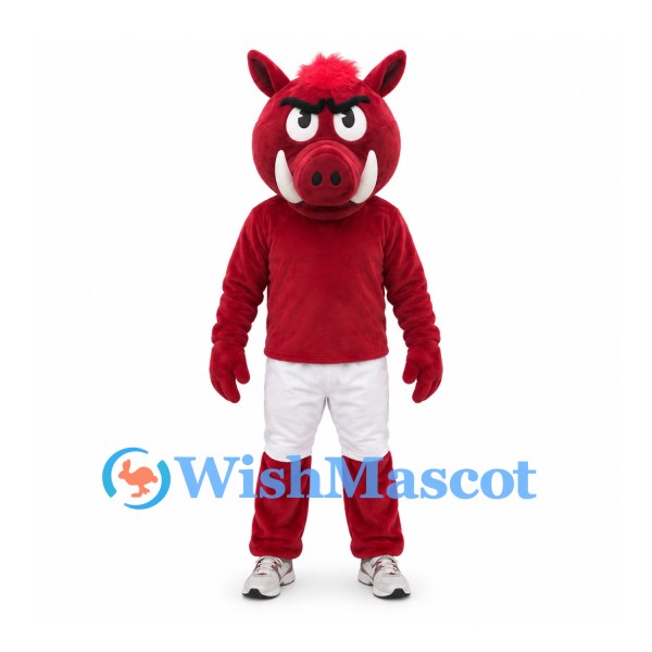 Boar Mascot Costume in Burgundy with Red Shirt and White Shorts