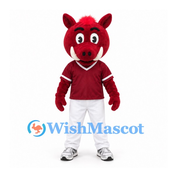 Boar Mascot Costume in Red with Burgundy Shirt and White Pants